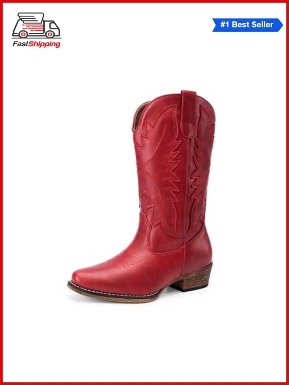 ✨ Cowgirl Boots Women Mid-Calf Faux Leather Snip Toe Wood-Grain Block Heel